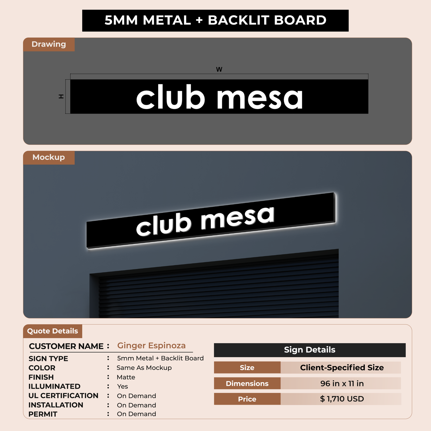 5mm metal sign with backlit backboard for Ginger Espinoza