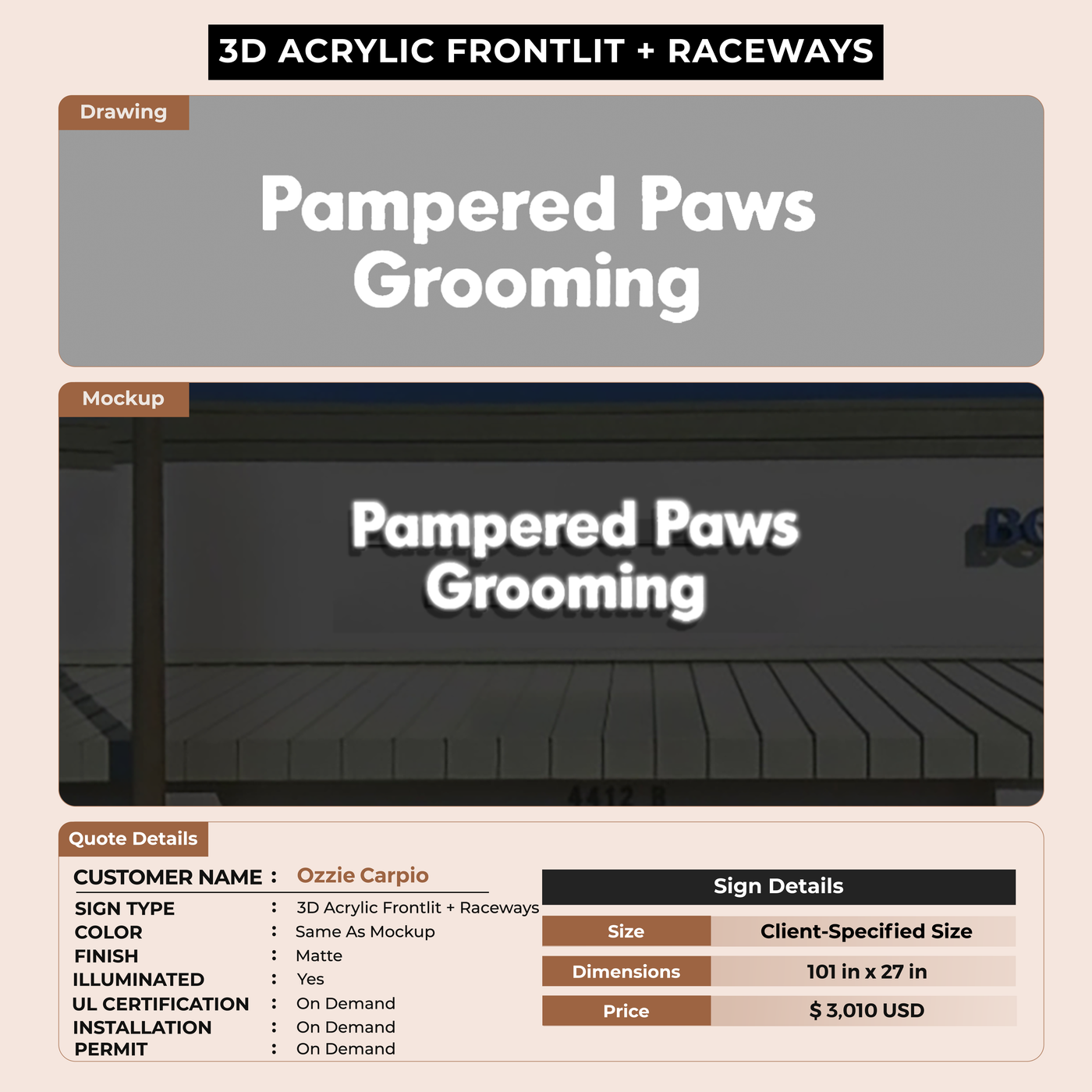 3D Acrylic Frontlit Sign with raceways for Ozzie Carpio