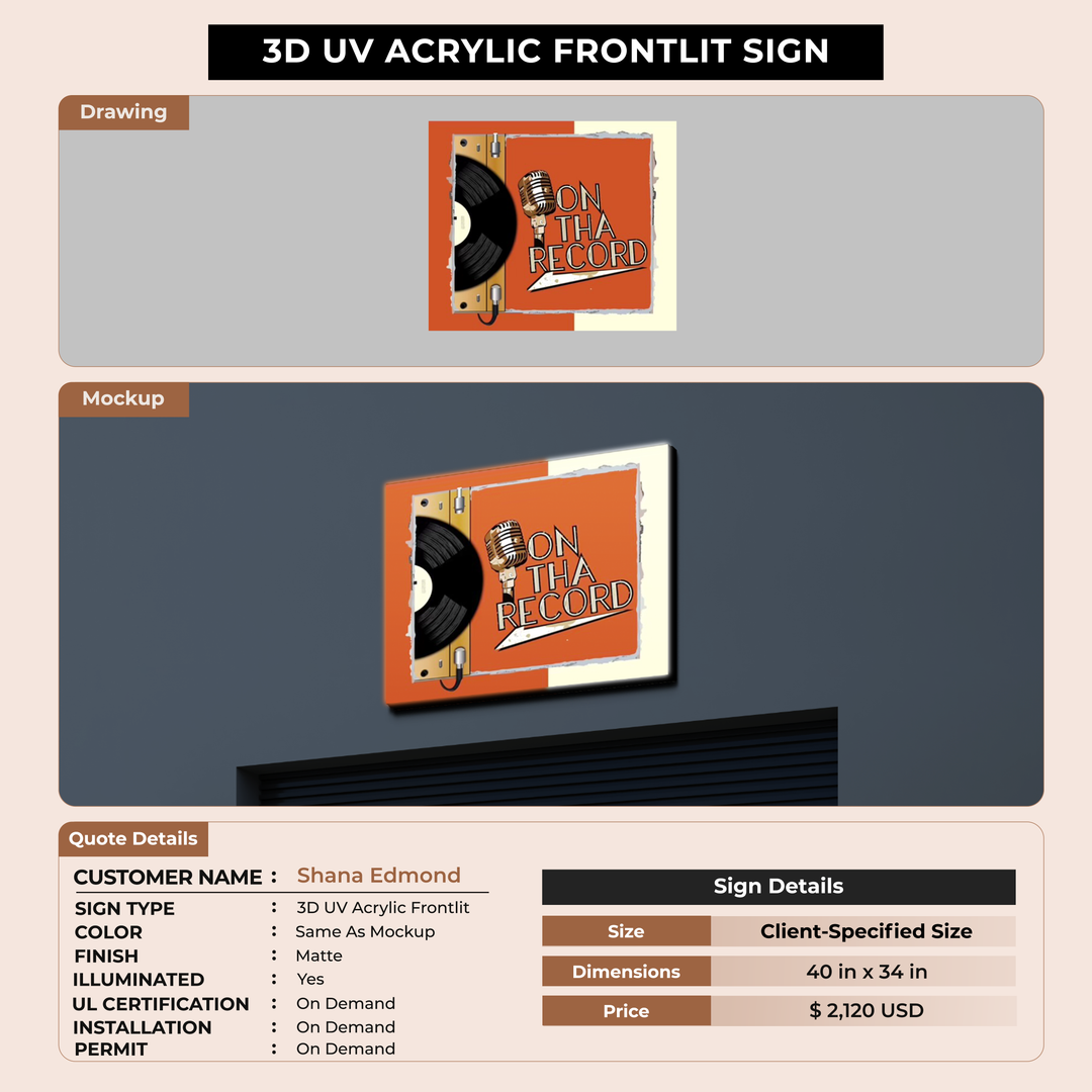 3D UV Acrylic Frontlit Sign for Shana Edmond