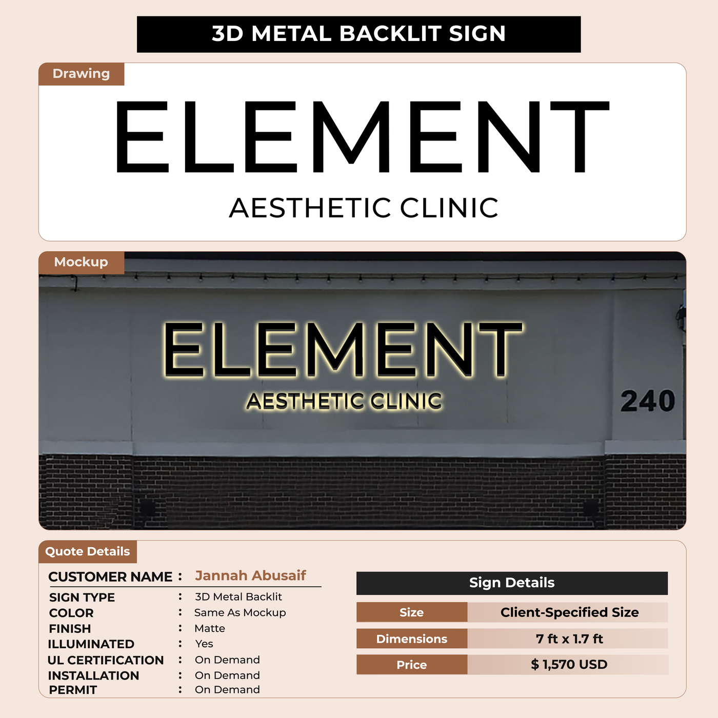 3D Metal Back-lit Sign For Jannah Abusaif Clinic