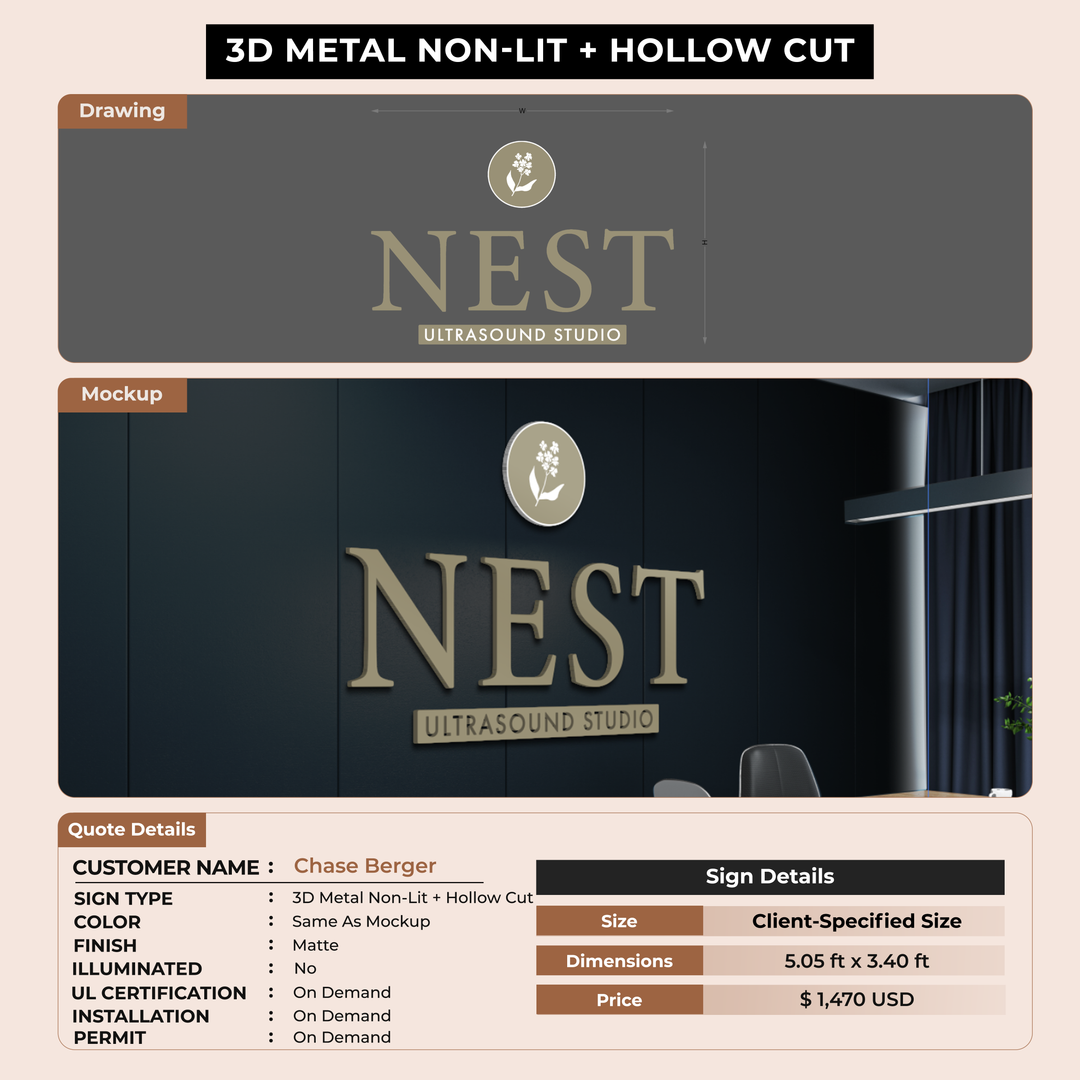 3D Metal non-lit Sign for Chase Berger