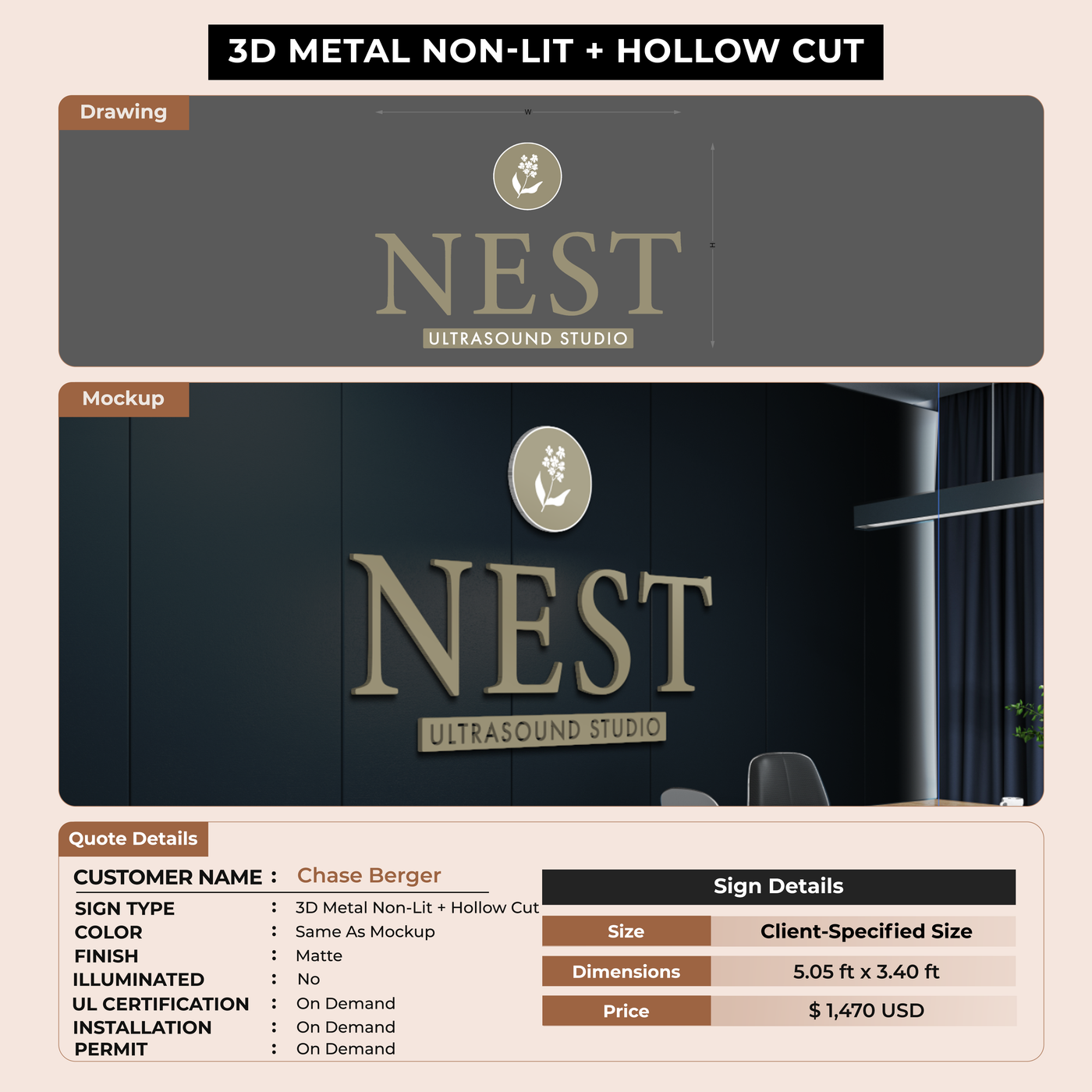 3D Metal non-lit Sign for Chase Berger