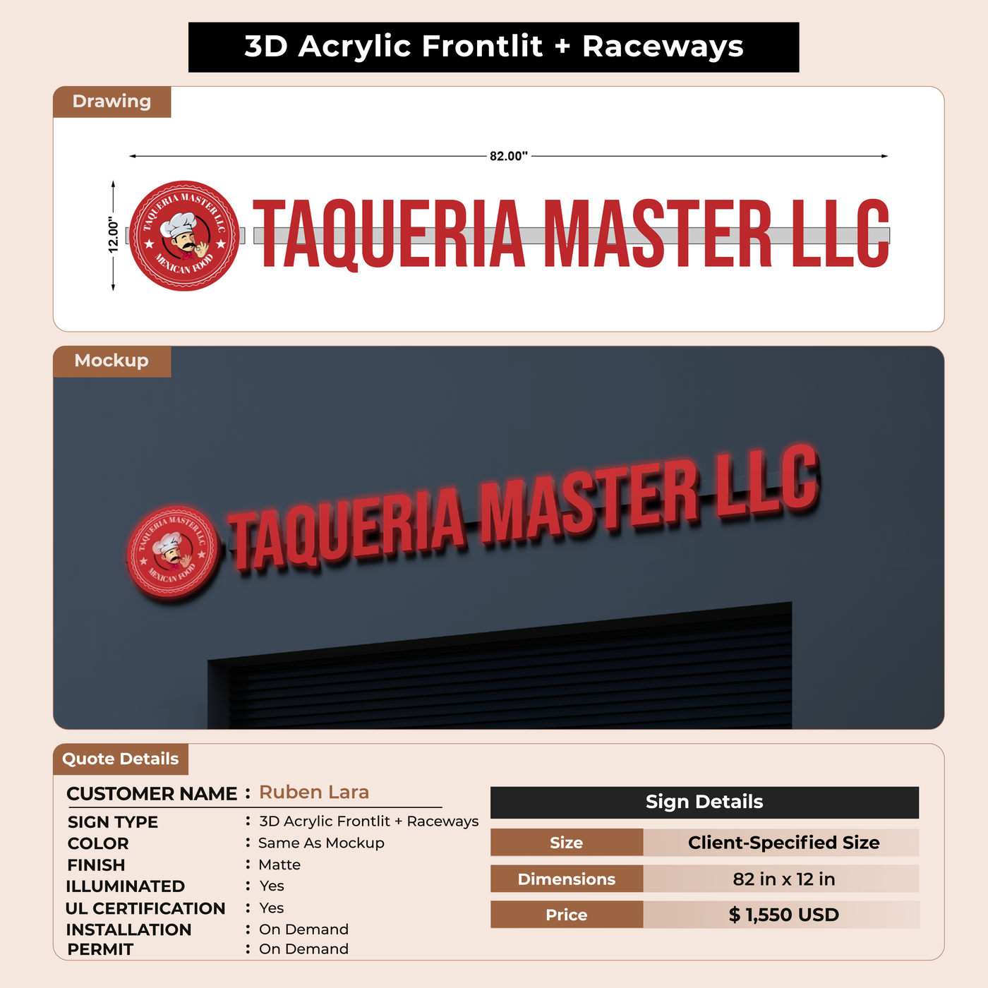 3d acrylic frontlit with raceways for Ruben Lara