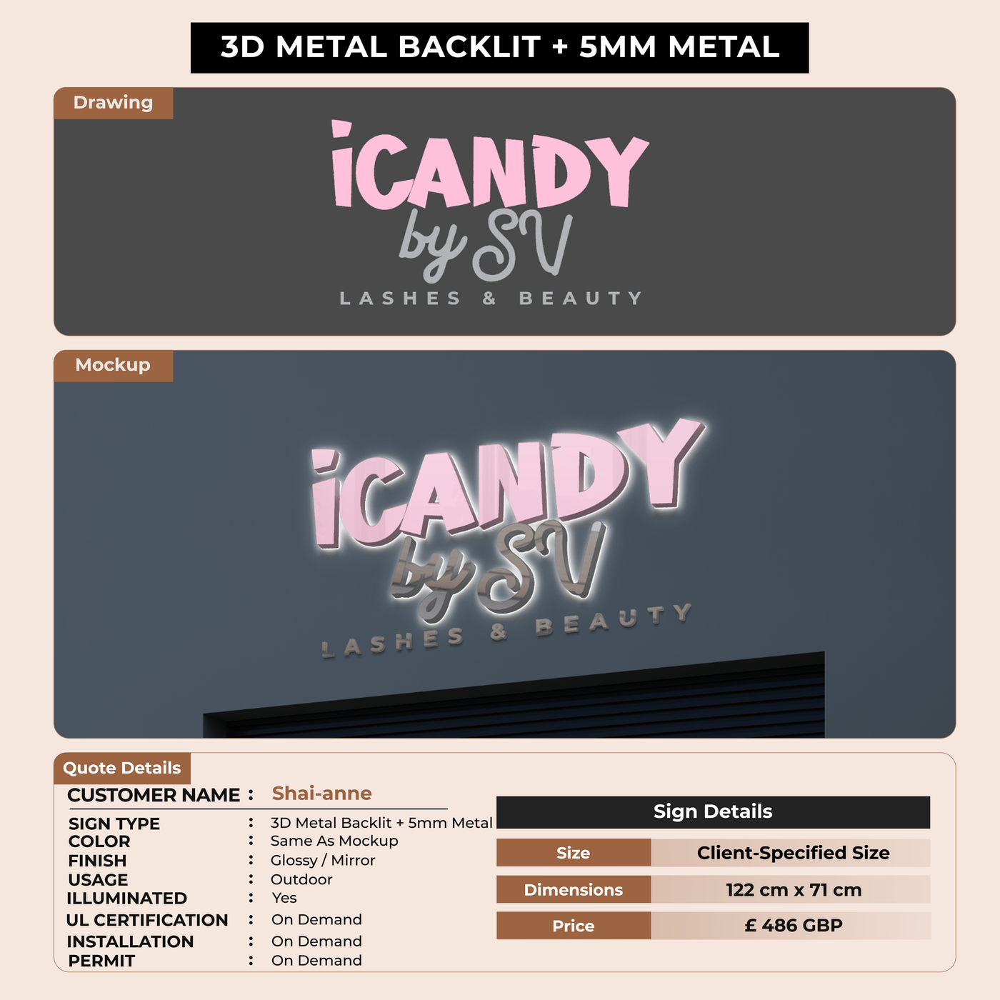 3D Metal Backlit sign for Shai-Anne