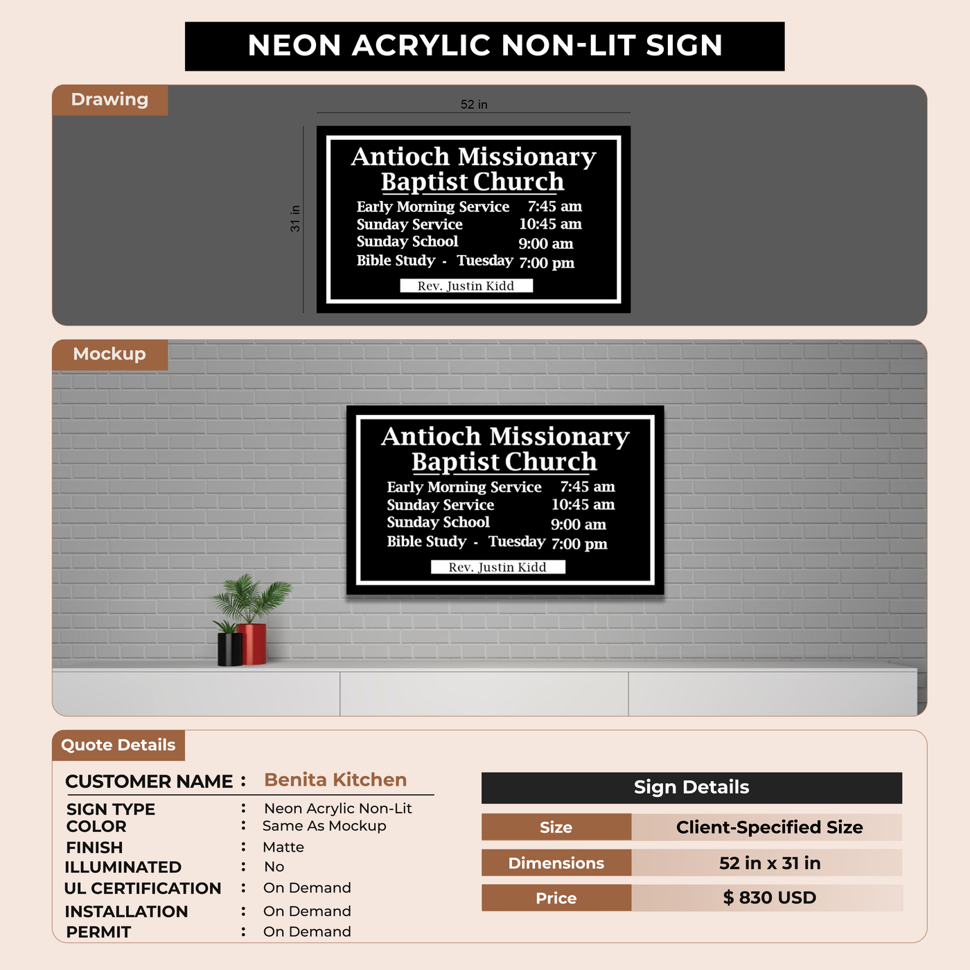 Acrylic non-lit sign for Benita Kitchen