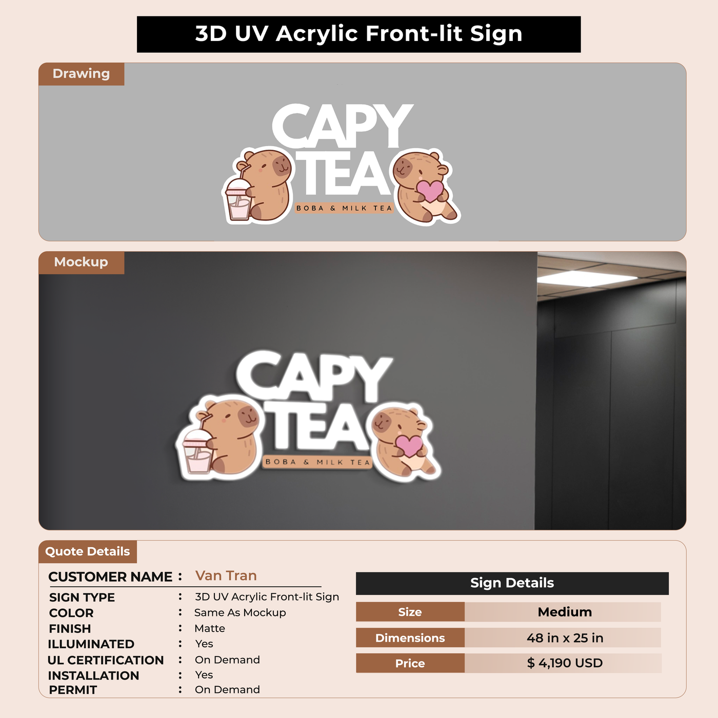 3D UV Acrylic Front-lit Sign For Van Tran