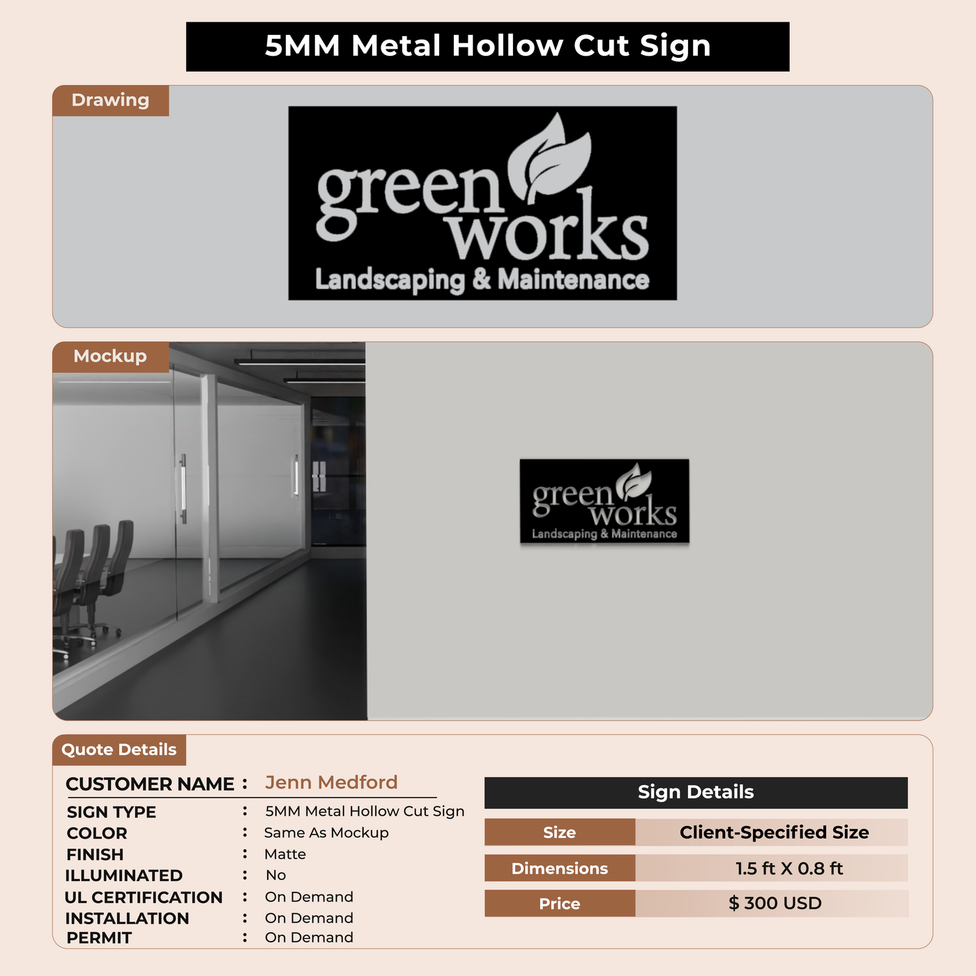 5MM Metal Hollow Cut Sign For Jenn Medford