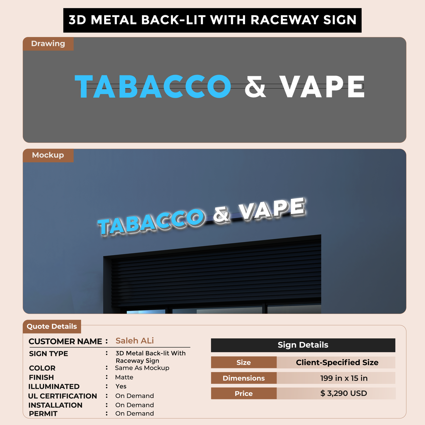 3D Metal Back-lit Sign With Raceway For Saleh ALi