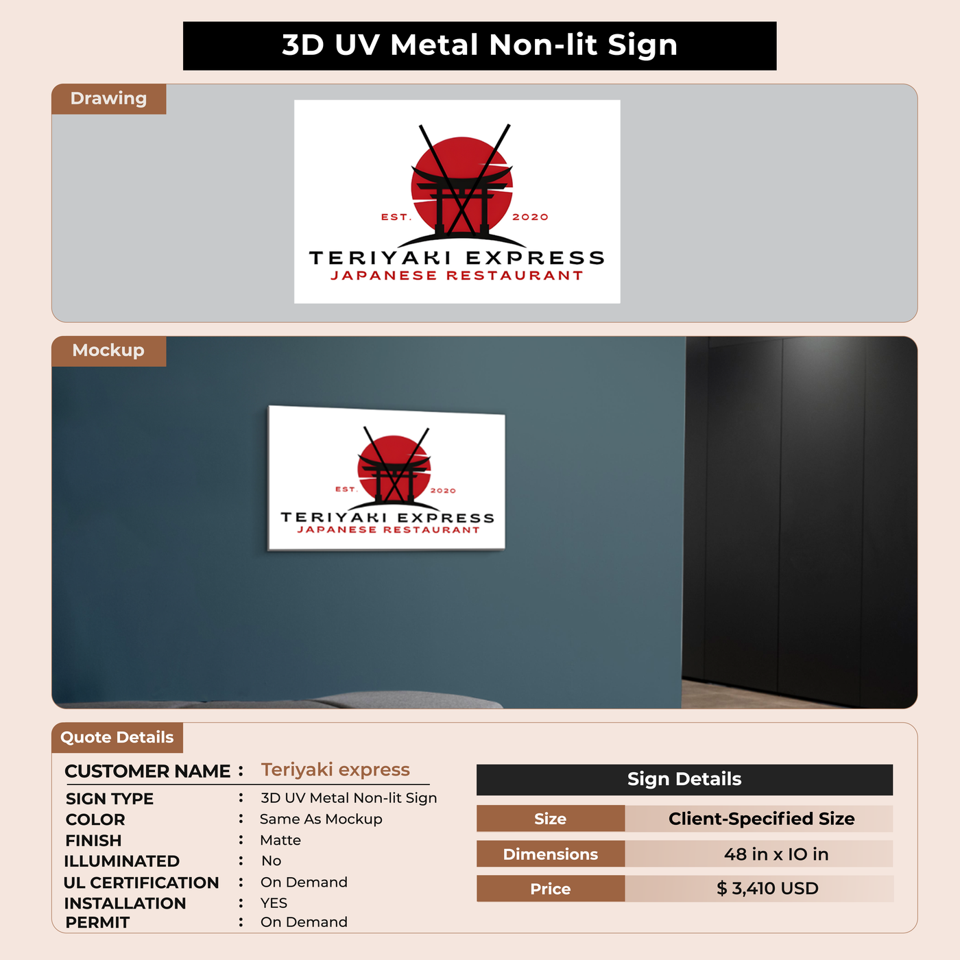 3D UV Metal Non-lit Sign For Teriyaki express
