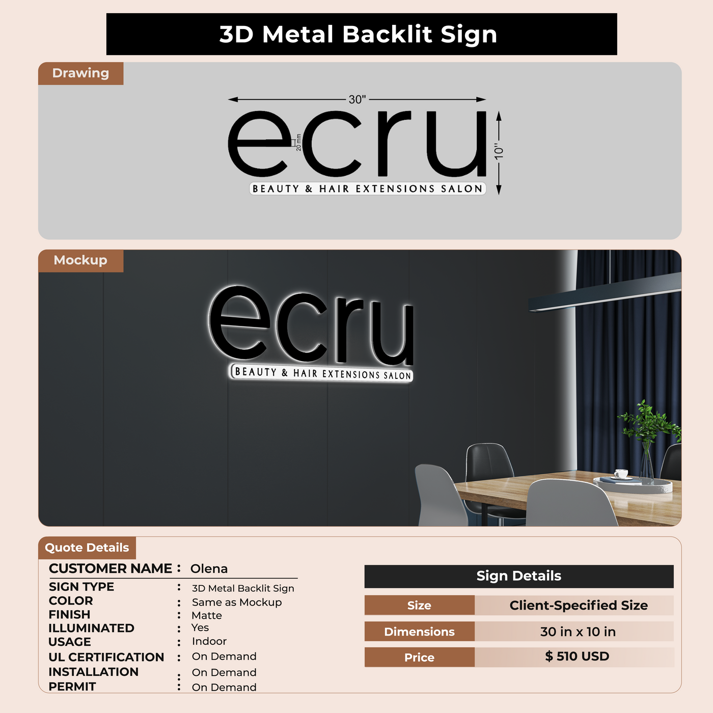 3D Metal Backlit Sign for Olena
