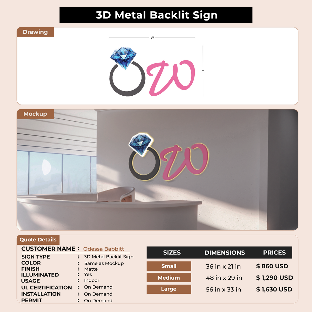 3D Metal Backlit Sign for Odessa Babbitt