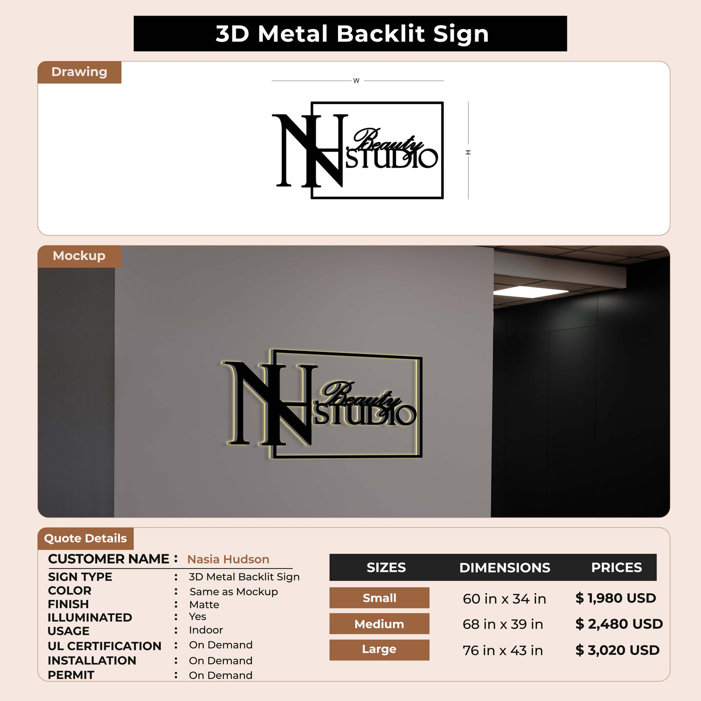 3D Metal Backlit Sign for Nasia Hudson