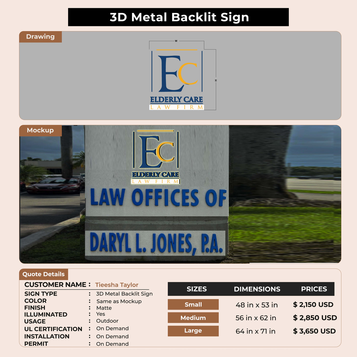 3D Metal Back-lit Sign FOR Tieesha Taylor