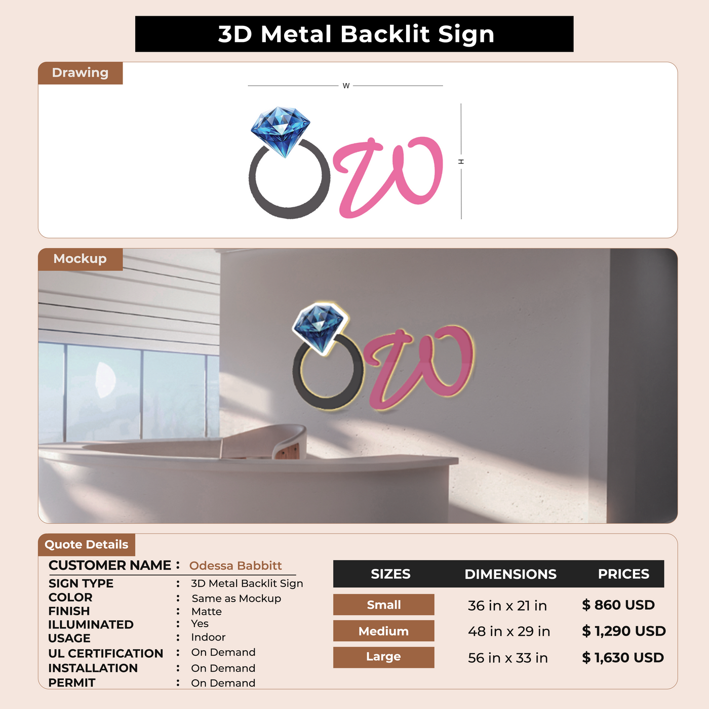 3D Metal Backlit Sign for Odessa Babbitt