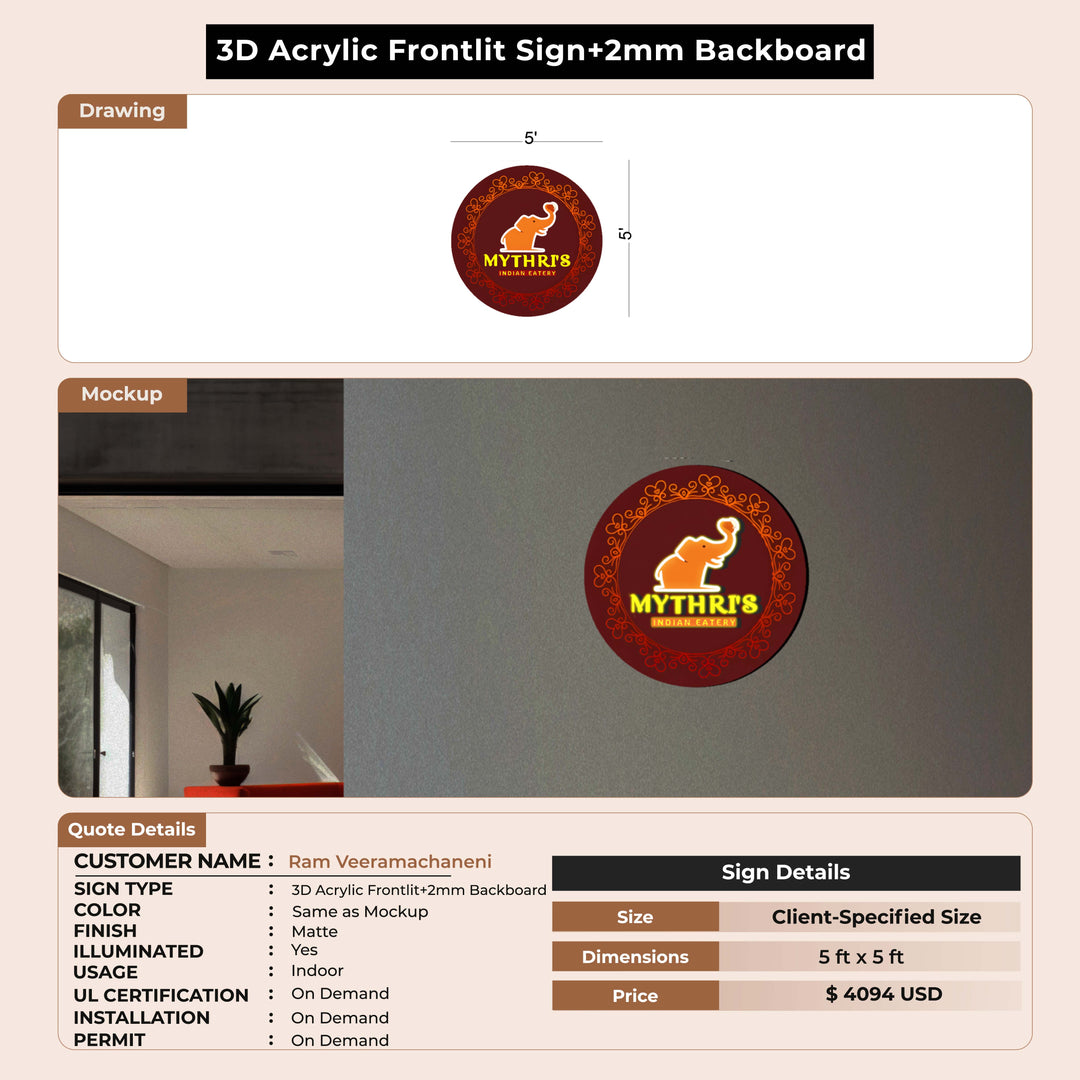 3d Acryliic frontlit +2mm Backboard sign for Ram Veeramachaneni