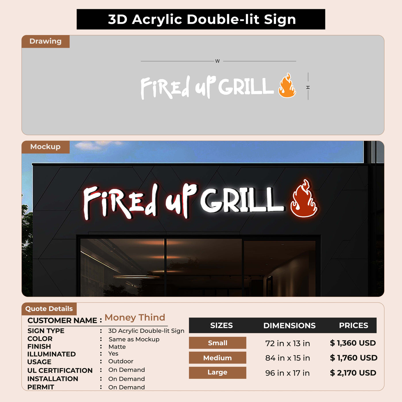 3D Acrylic Double lit Sign for Money Thind