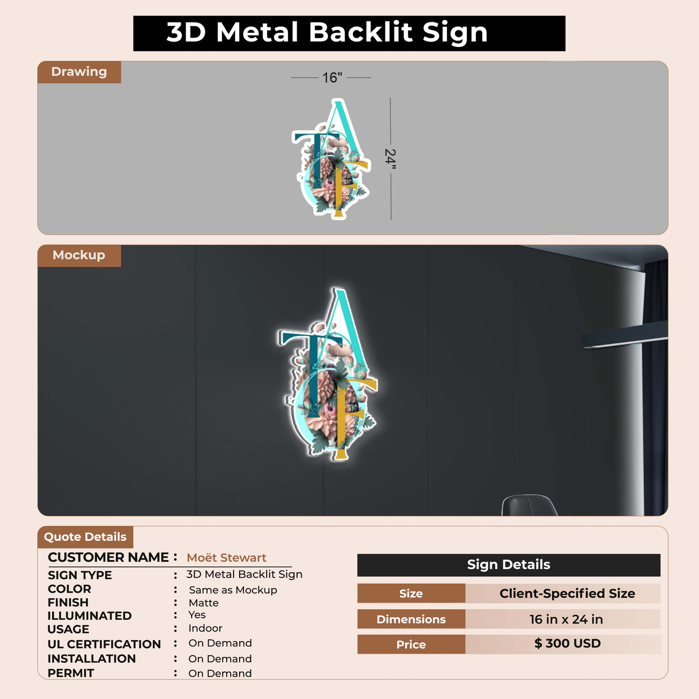 3D UV Metal Backlit Sign for Moët Stewart