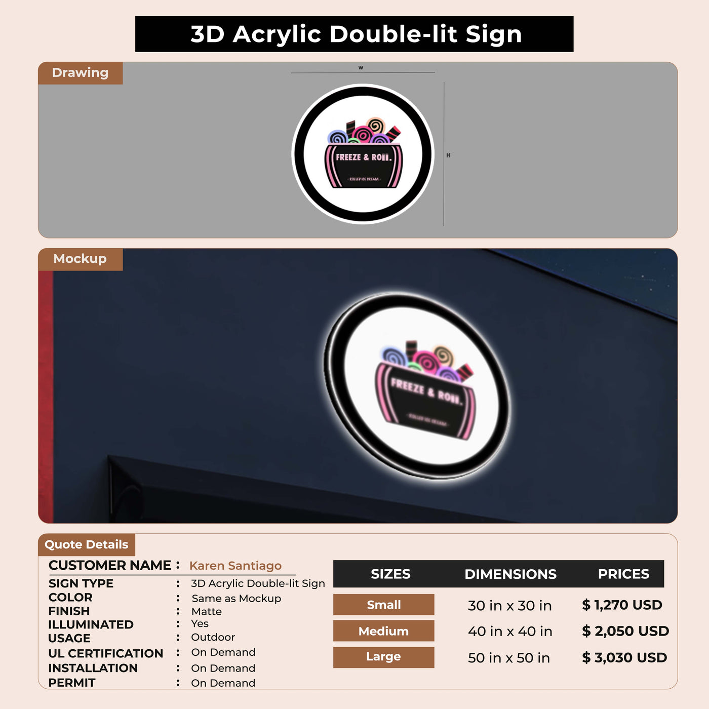 3D Acrylic Double lit Sign for Karen Santiago
