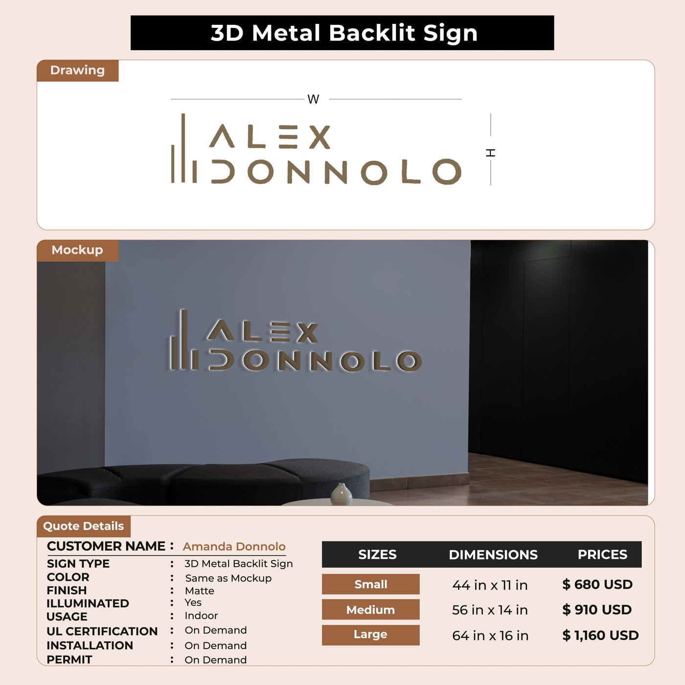 3D Metal Backlit Sign for Amanda Donnolo