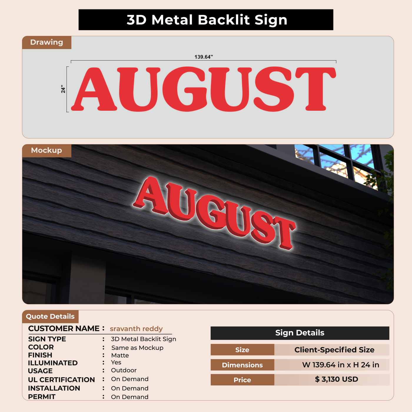 3D Metal Backlit Signs for sravanth reddy