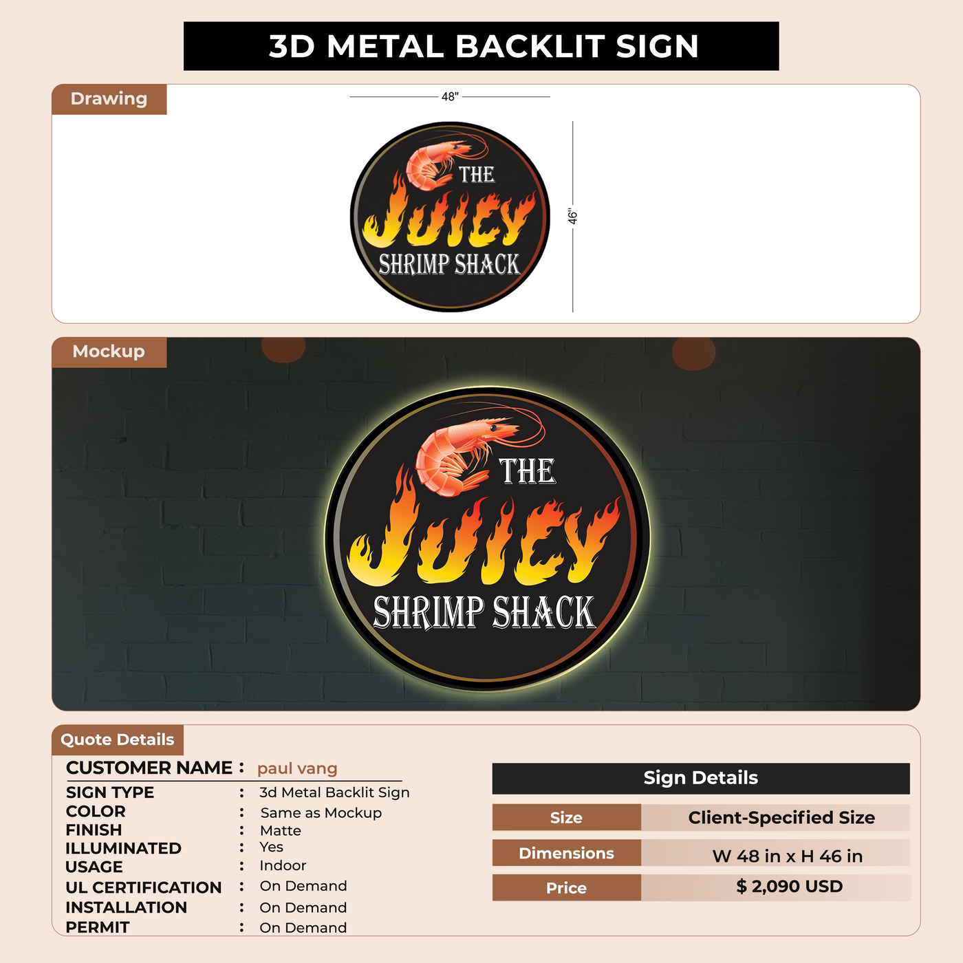 3D Metal Backlit Sign for paul vang