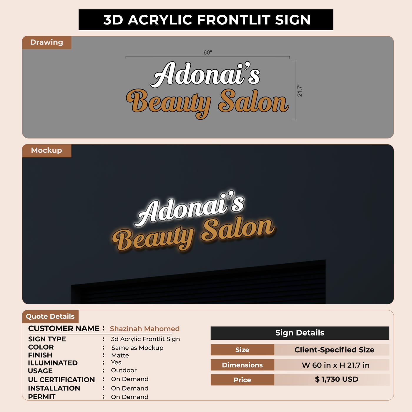 3D Acrylic frontlit Sign for Shazinah Mahomed