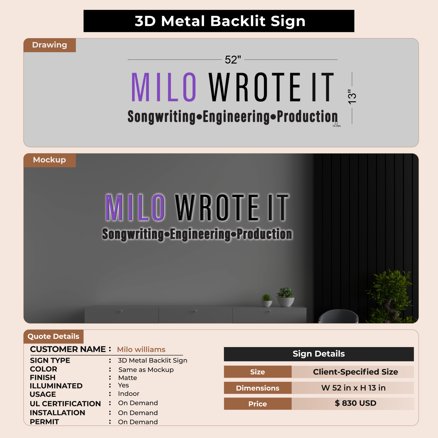 3D Metal Backlit Signs for Milo williams