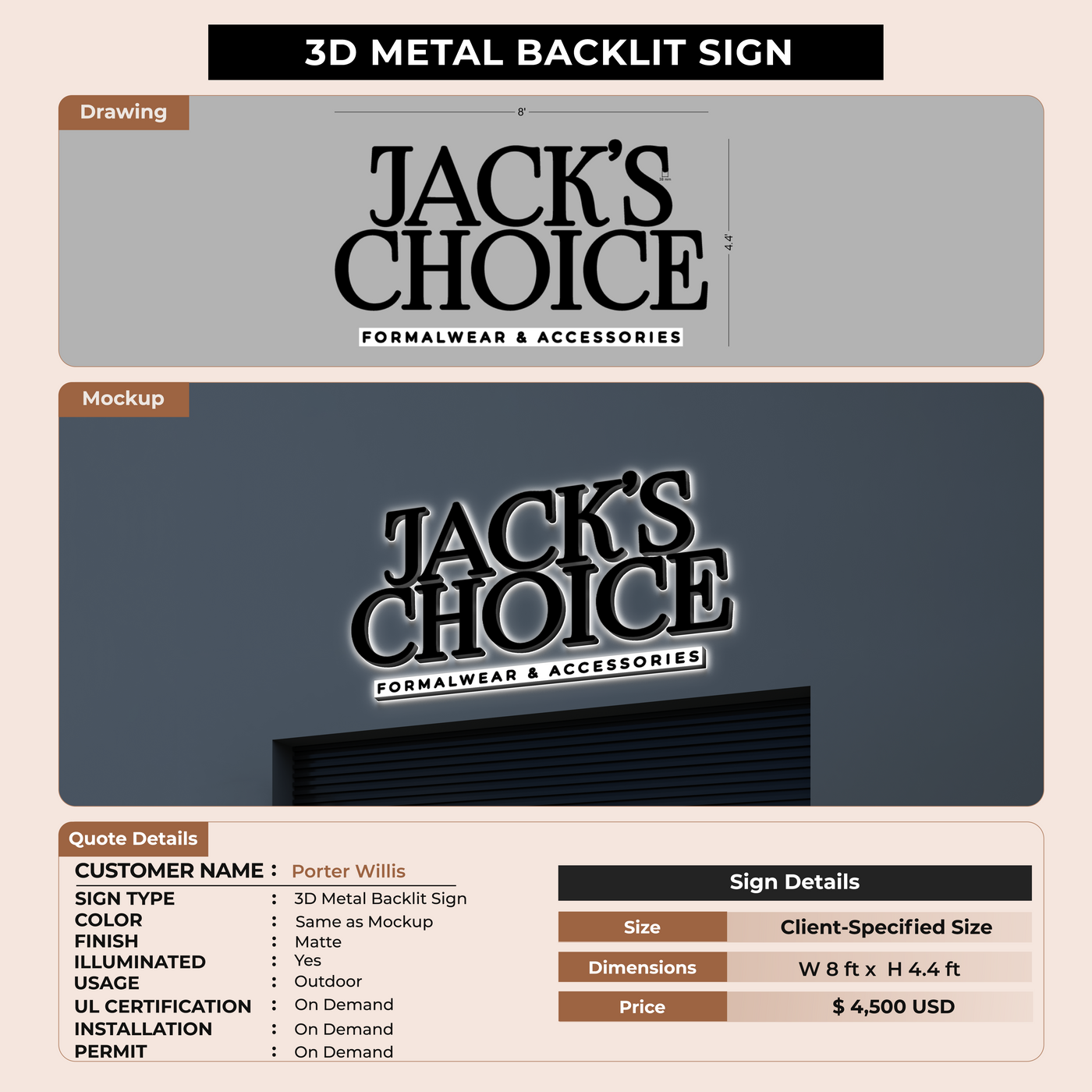 3D Metal Backlit Signs for Porter Willis