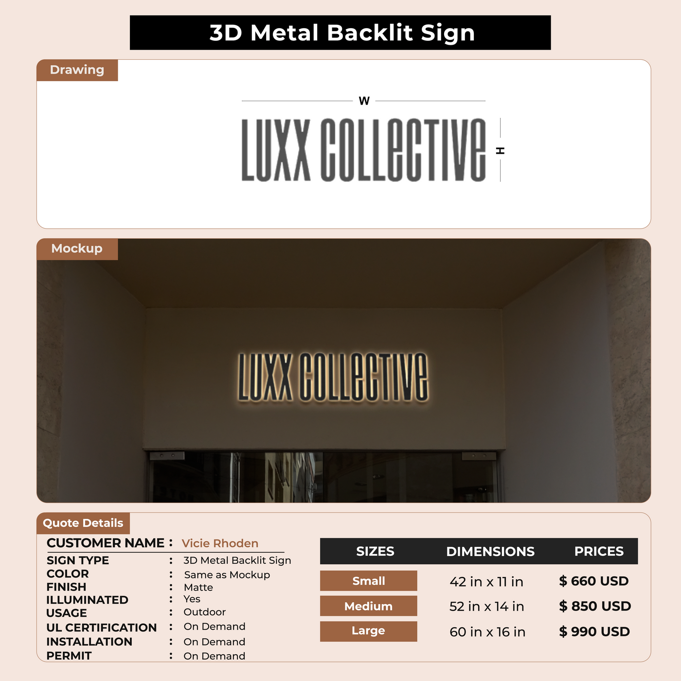 3D Metal Backlit Sign for Vicie Rhoden