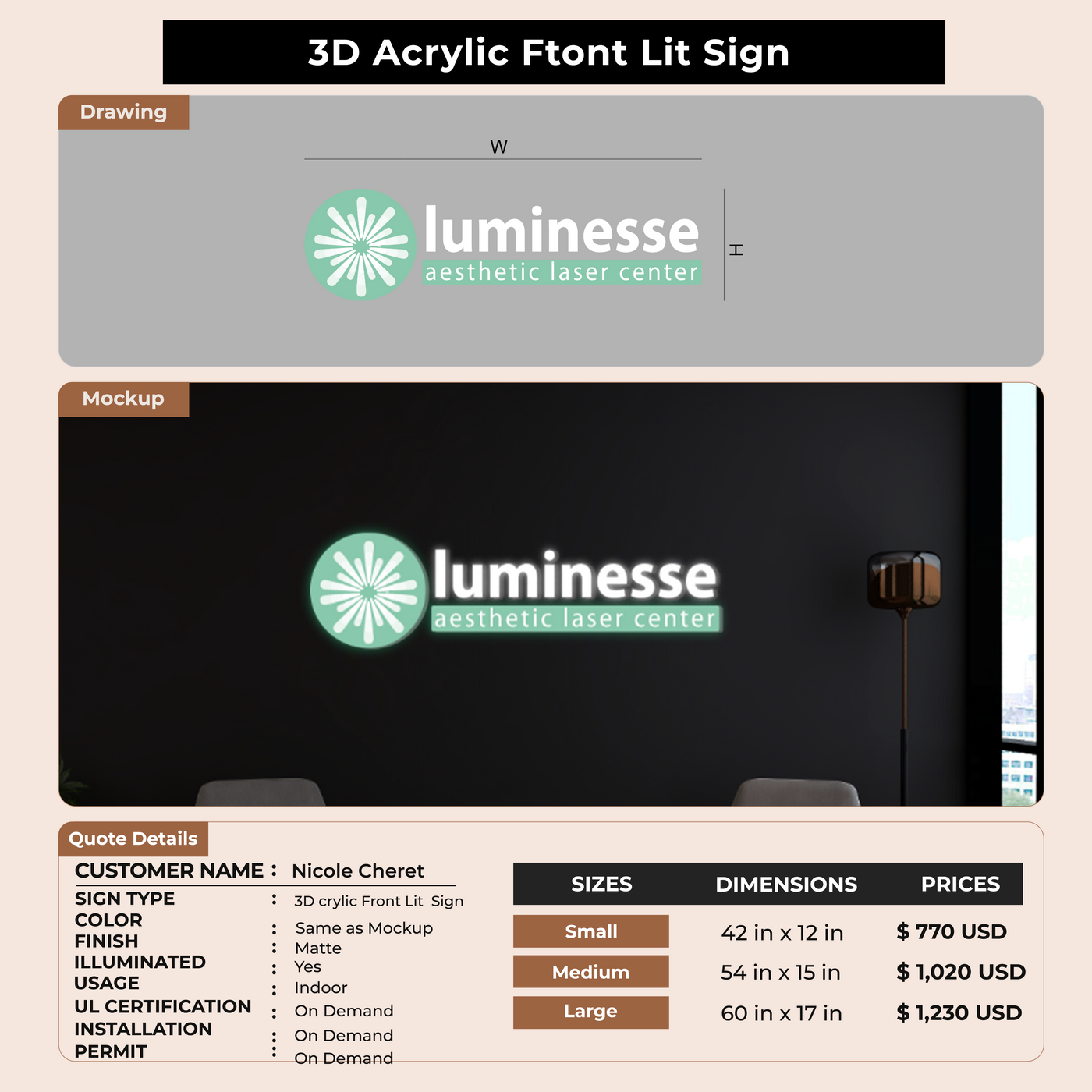 3D Acrylic Frontlit Sign for Nicole Cheret
