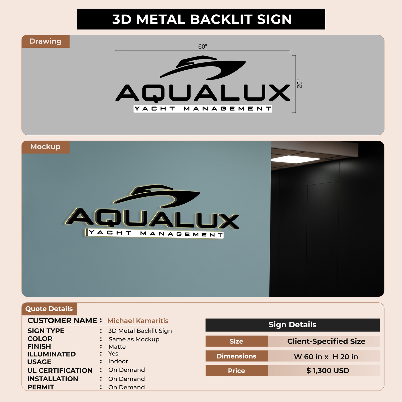 3D Metal Backlit Sign for Michael Kamaritis