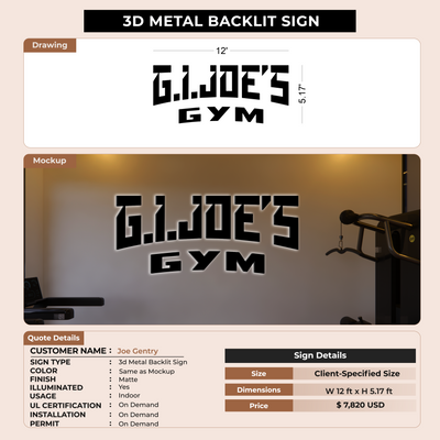 3D Metal Backlit Sign for Joe Gentry