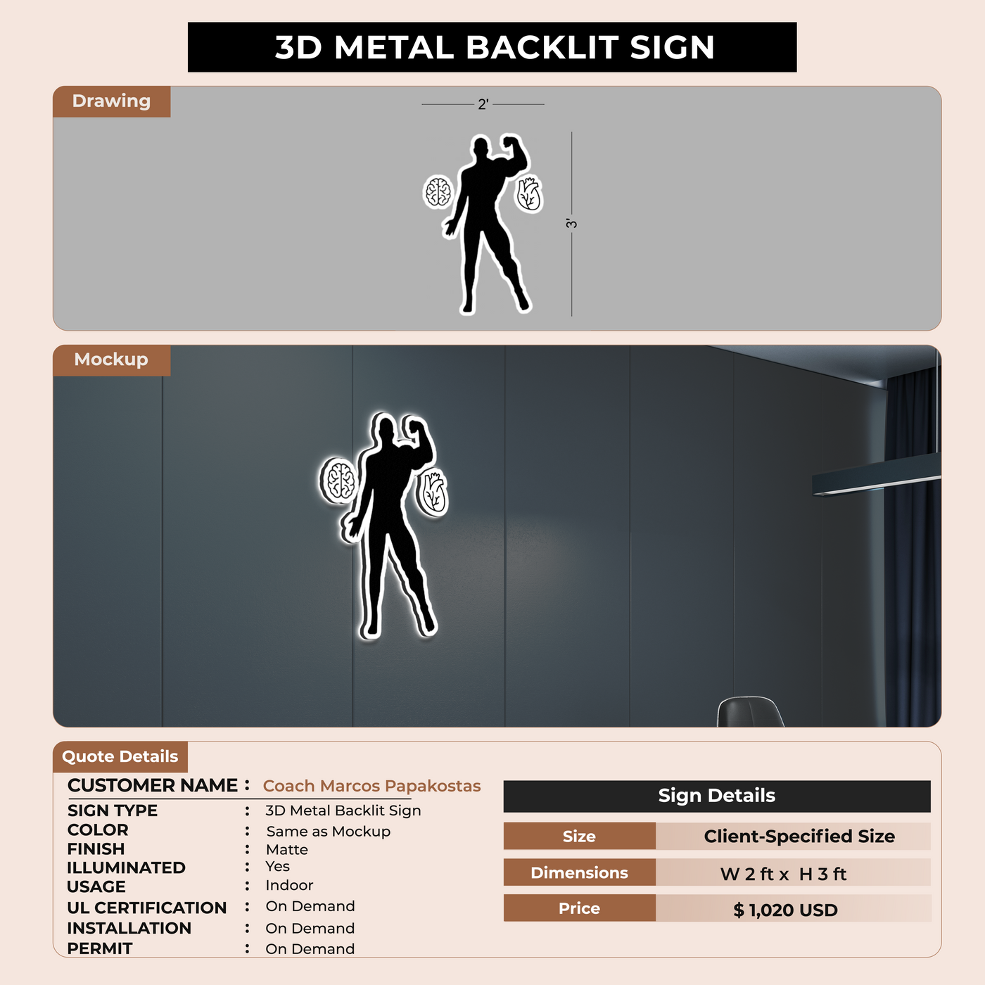 3D Metal Backlit Sign for Coach Marcos Papakostas