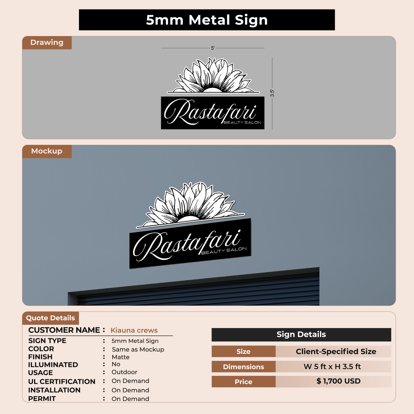 5mm metal sign for Kiauna crews