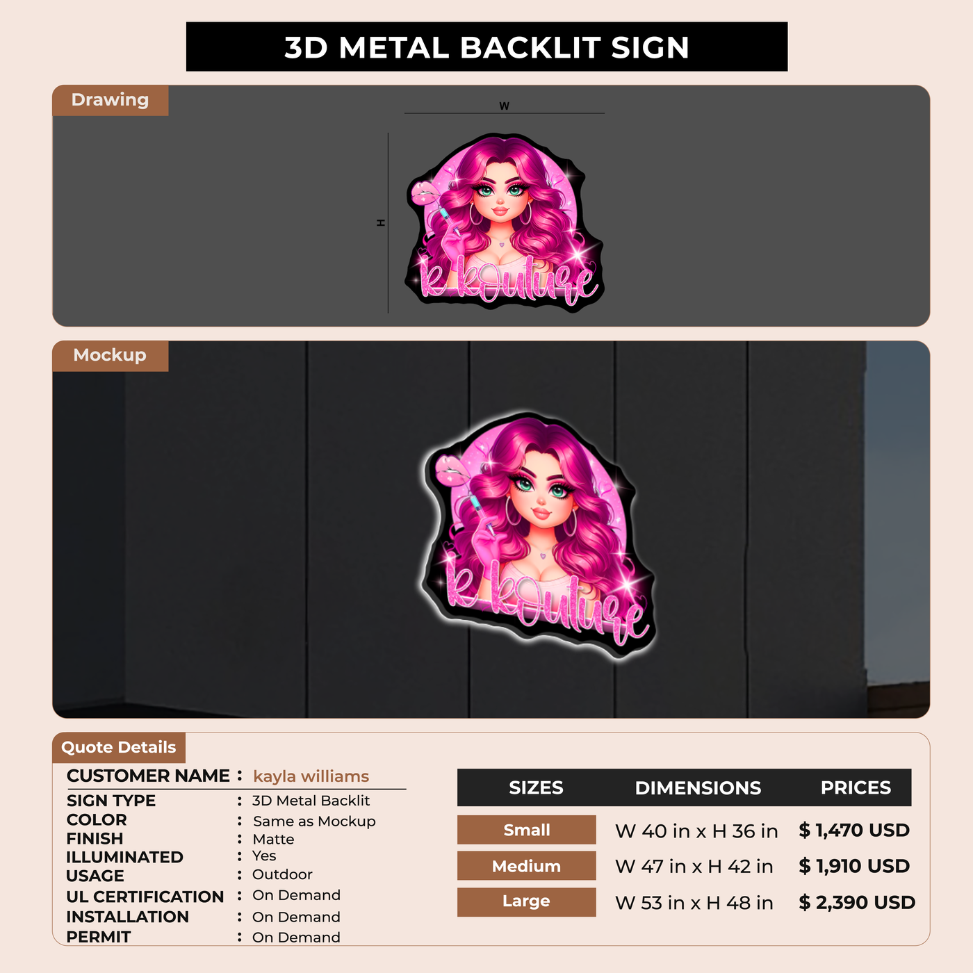 3D Metal Backlit Signage for kayla williams