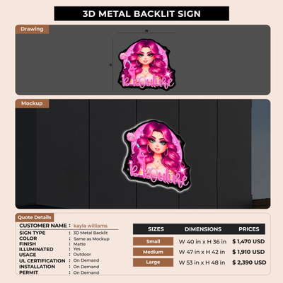 3D Metal Backlit Signage for kayla williams