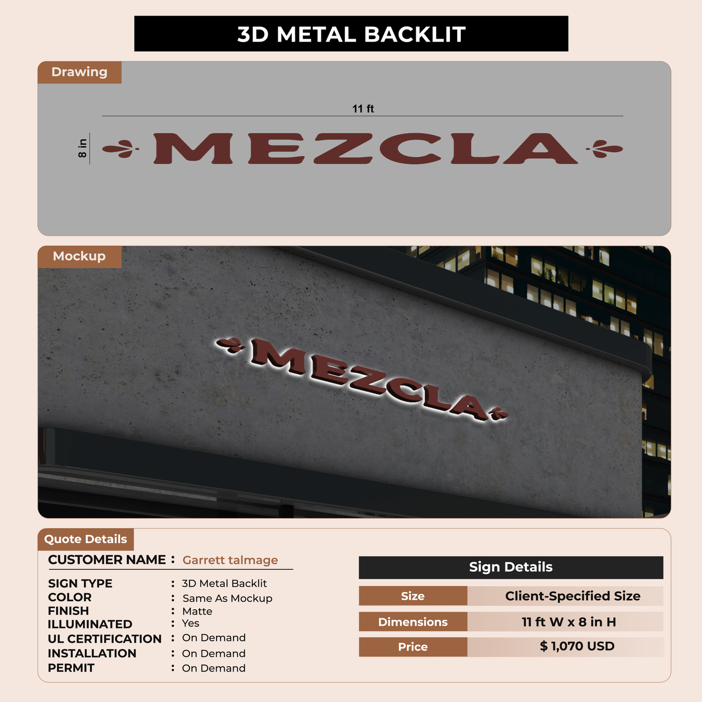 3D Metal Backlit Signage for Garrett talmage