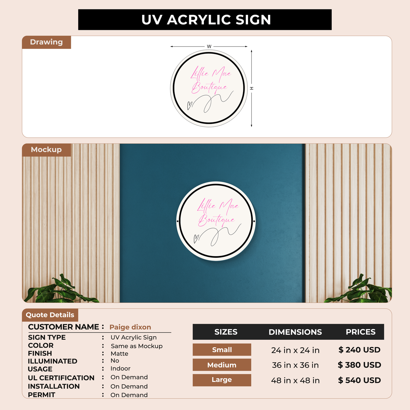 UV Acrylic Sign For Paige dixon