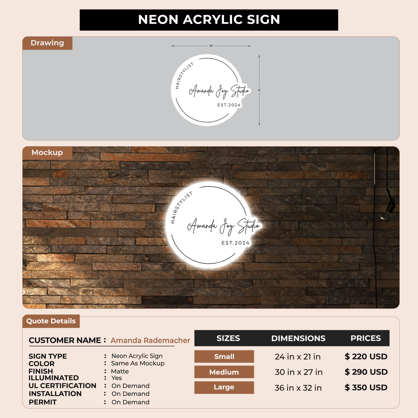 Neon Acrylic Sign for Amanda Rademacher