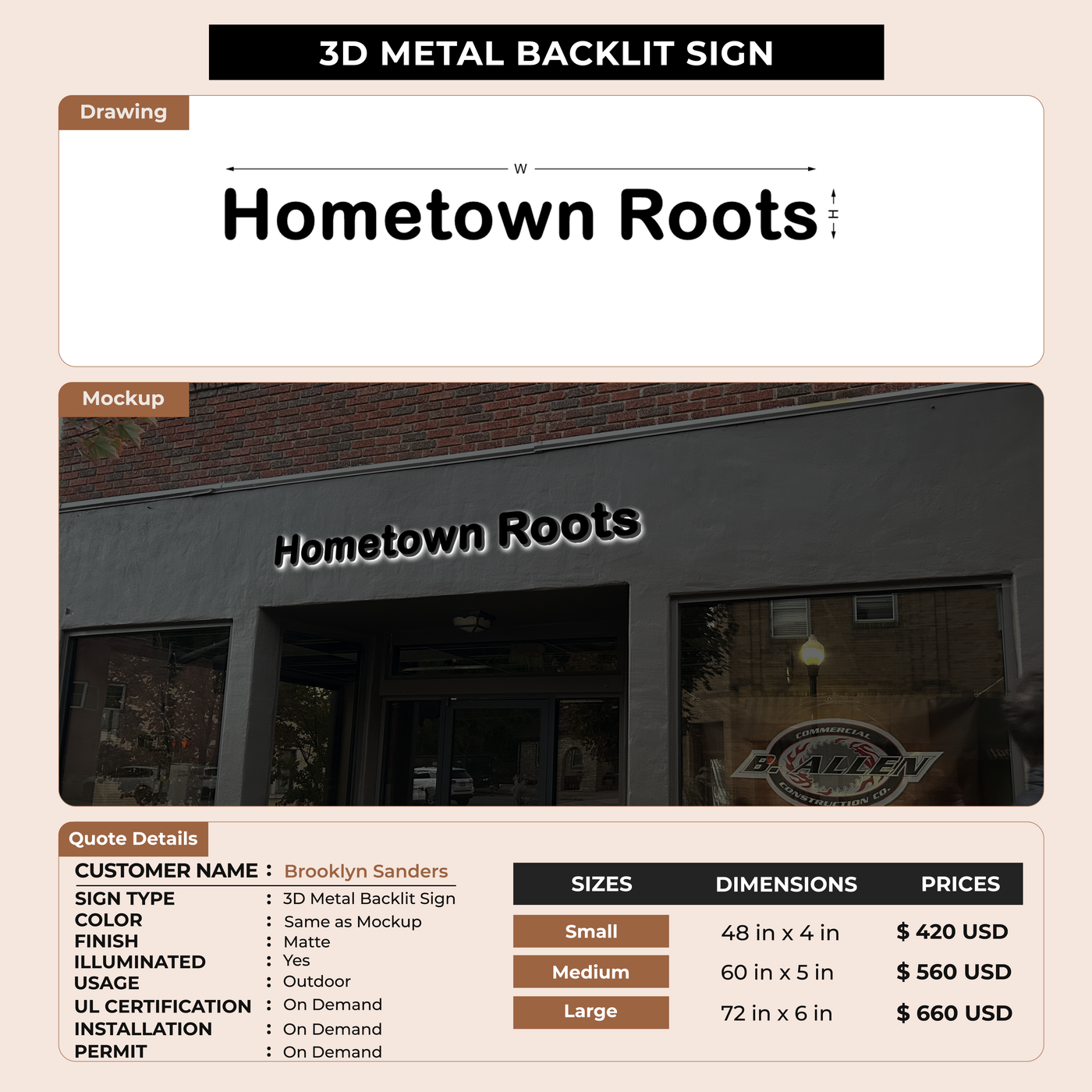 3D Metal Back-lit Sign For Brooklyn Sanders