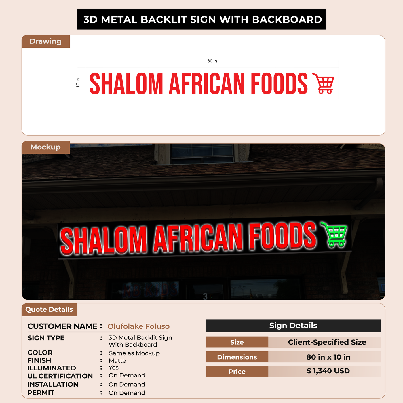 3D Metal Backlit Sign With Backboard For Olufolake Foluso