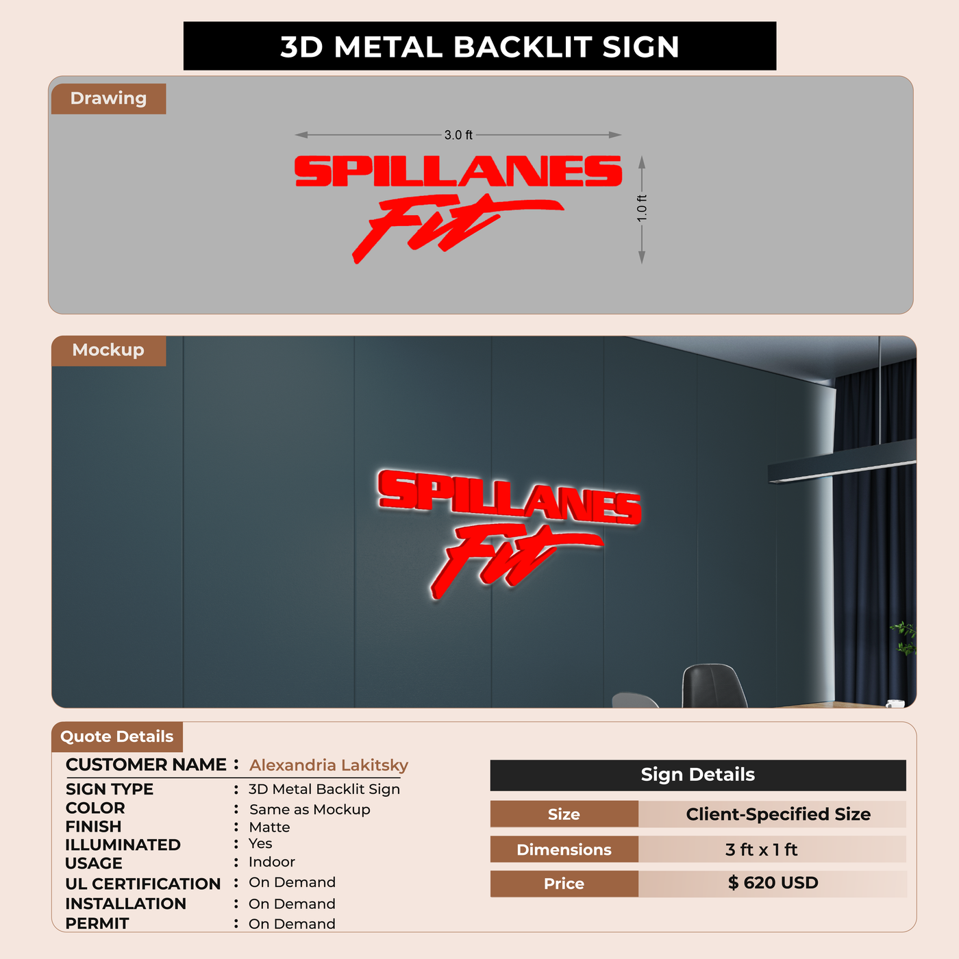 3D Metal Back-lit Sign For Alexandria Lakitsky