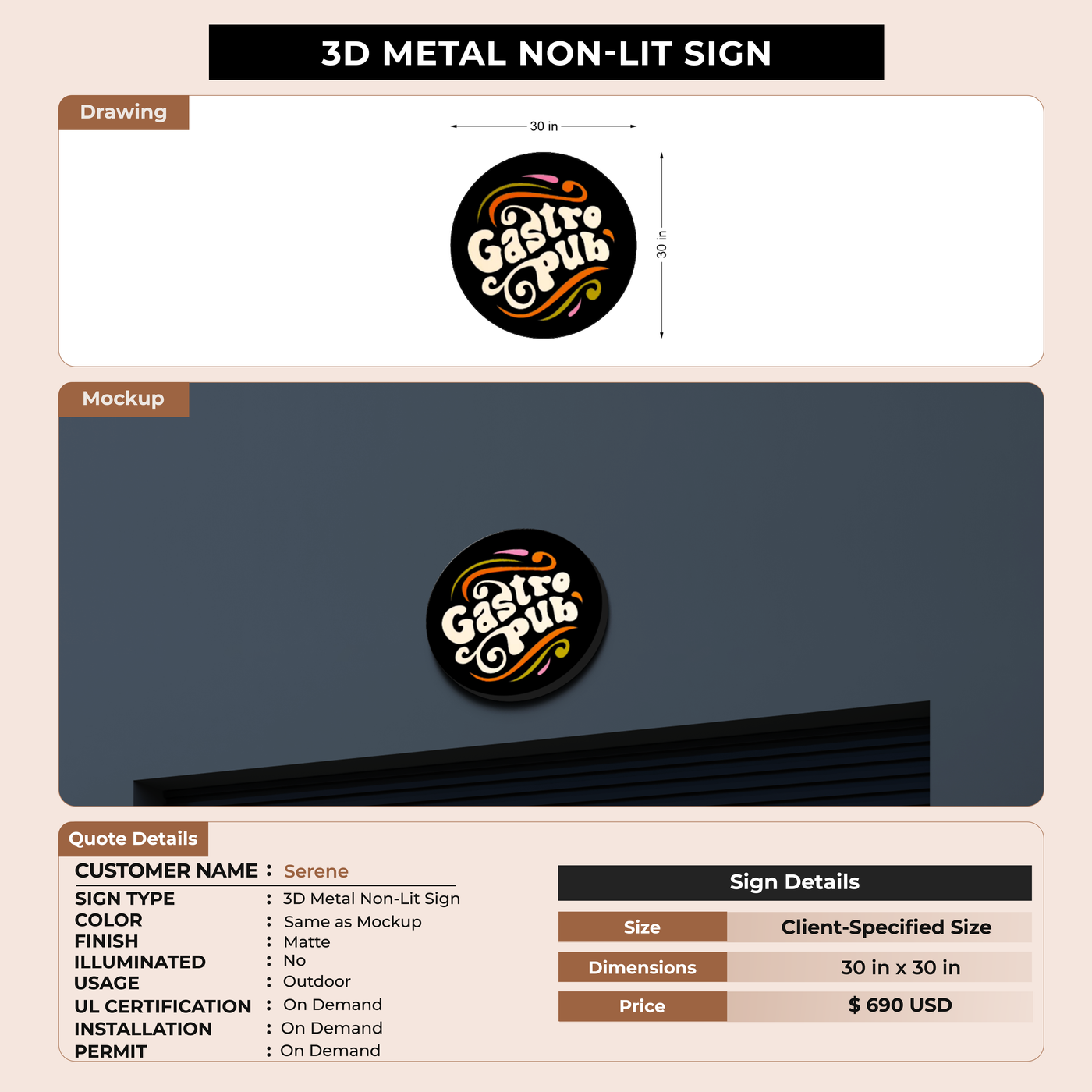 3D Metal Non-lit SIgn For Serene