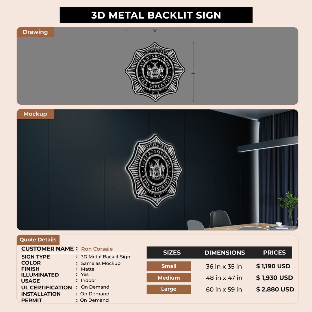 3D Metal back-lit Sign For Ron Corsale