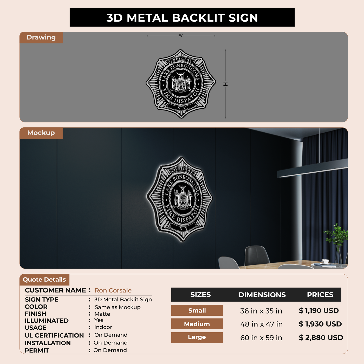 3D Metal back-lit Sign For Ron Corsale