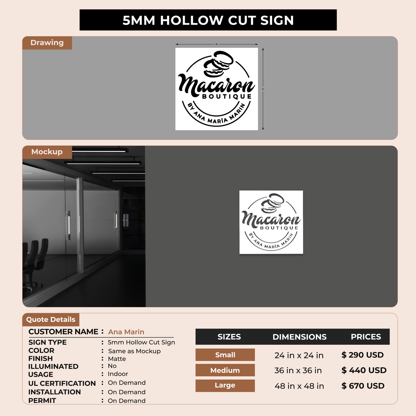 5MM  Hollowcut Sign For Ana Marin