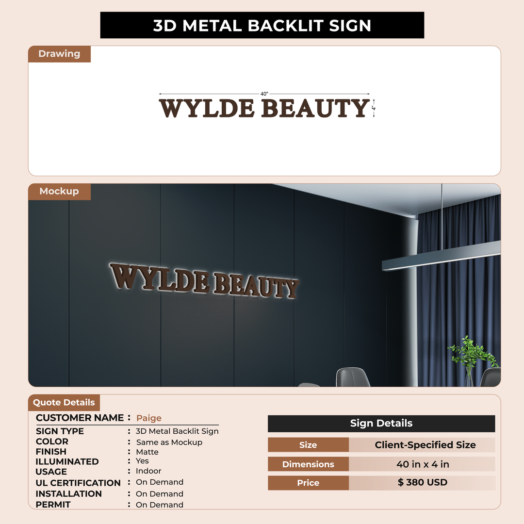 3D metal Backlit Signs For Paige