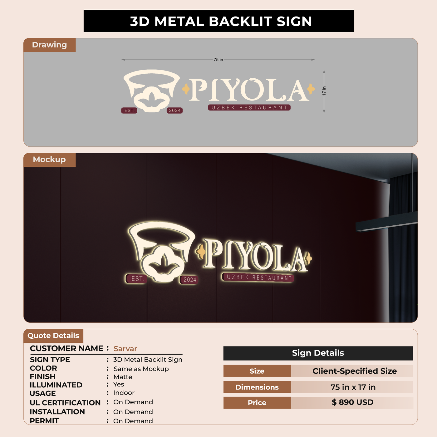 3D Metal Back-lit SIGN For Sarvar