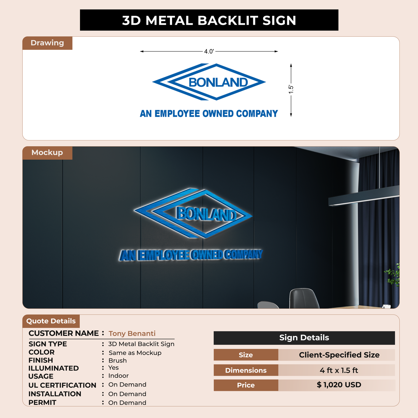 Metal Backlit Sign for Tony Benanti