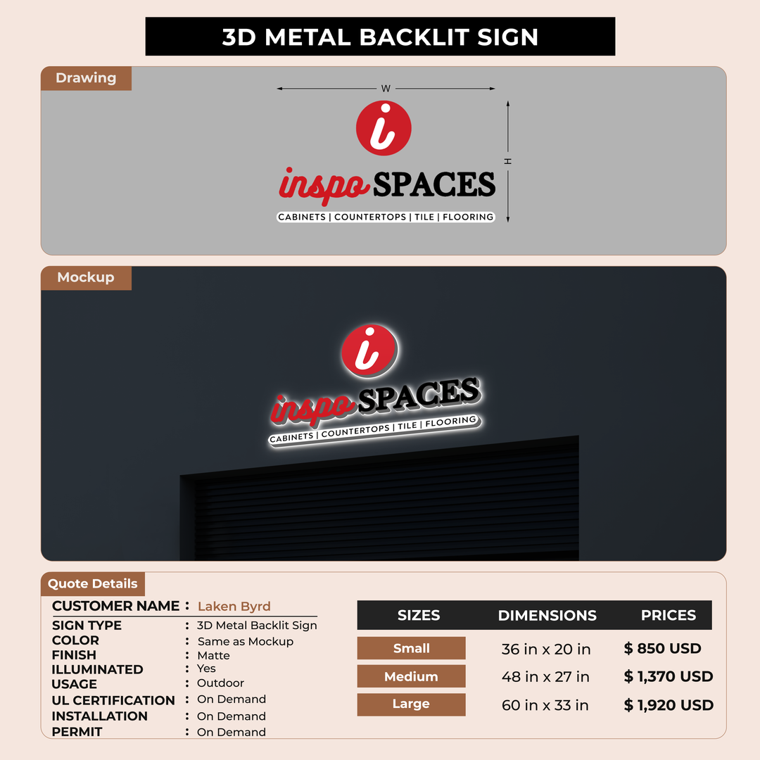 3D Metal Back-lit Sign For Laken Byrd